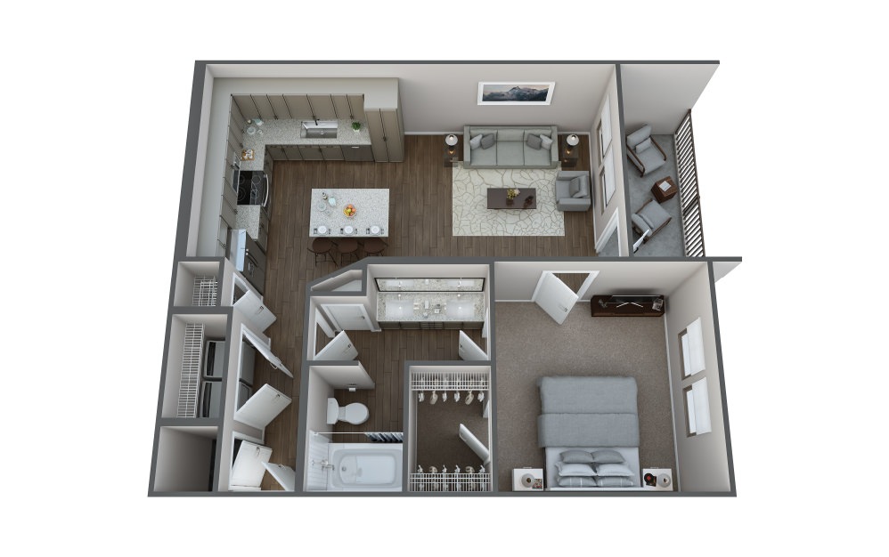 A1A - 1 bedroom floorplan layout with 1 bath and 741 square feet.