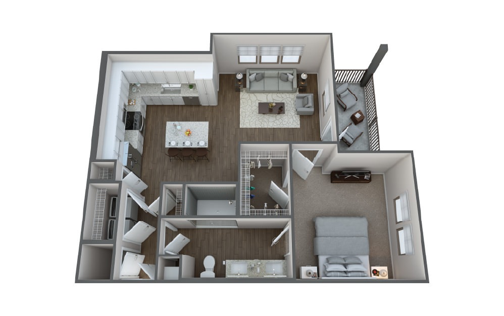 A1B - 1 bedroom floorplan layout with 1 bath and 796 square feet.