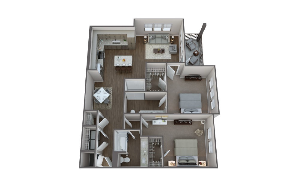 B2B - 2 bedroom floorplan layout with 2 baths and 1201 square feet.